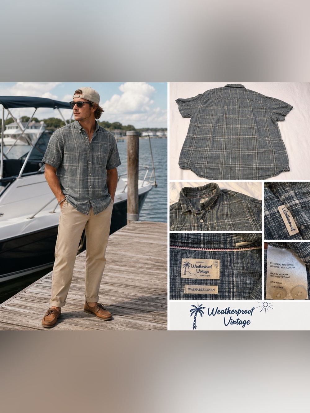 Weatherproof Vintage Blue Plaid Short-Sleeve Linen Shirt